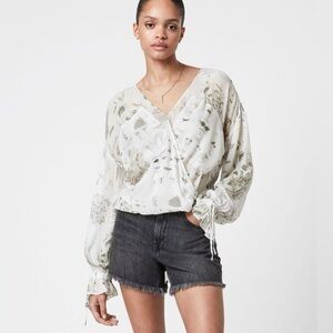 All Saints Penny Rebirth Blouse Peasant Surplice Wrap Nature Bug Ecru White Sz 0